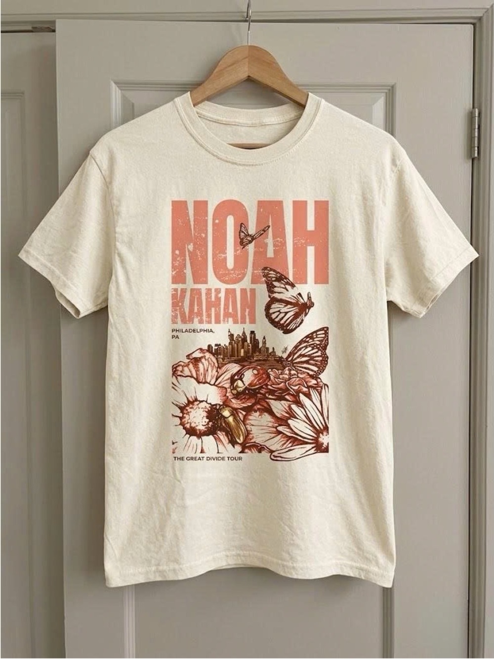 Noah Kahan Graphic Tee in Cream with Coral Print